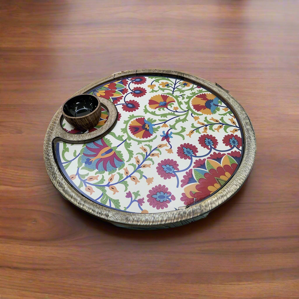 Beautiful Mango colorful mandala wood platter with chutney/ sauce bowl for snacks/ serving/ gift item